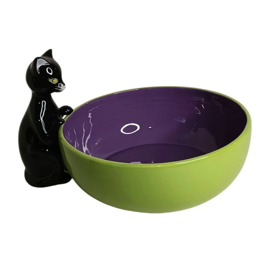 Halloween Black Cat Purple & Green Ceramic Candy Bowl By Harry & David VTG 2005